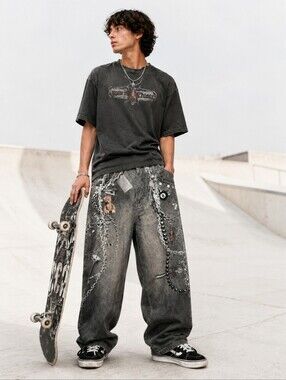 Zeroboy Y2K Chain Teddy Bear Wide Leg Jeans Sz 36
